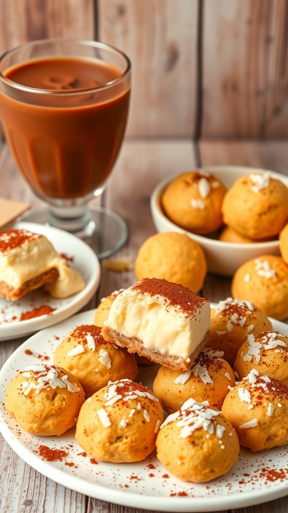 An assortment of zero carb keto desserts including chocolate mousse, cheesecake bites, and coconut macaroons on a wooden table.